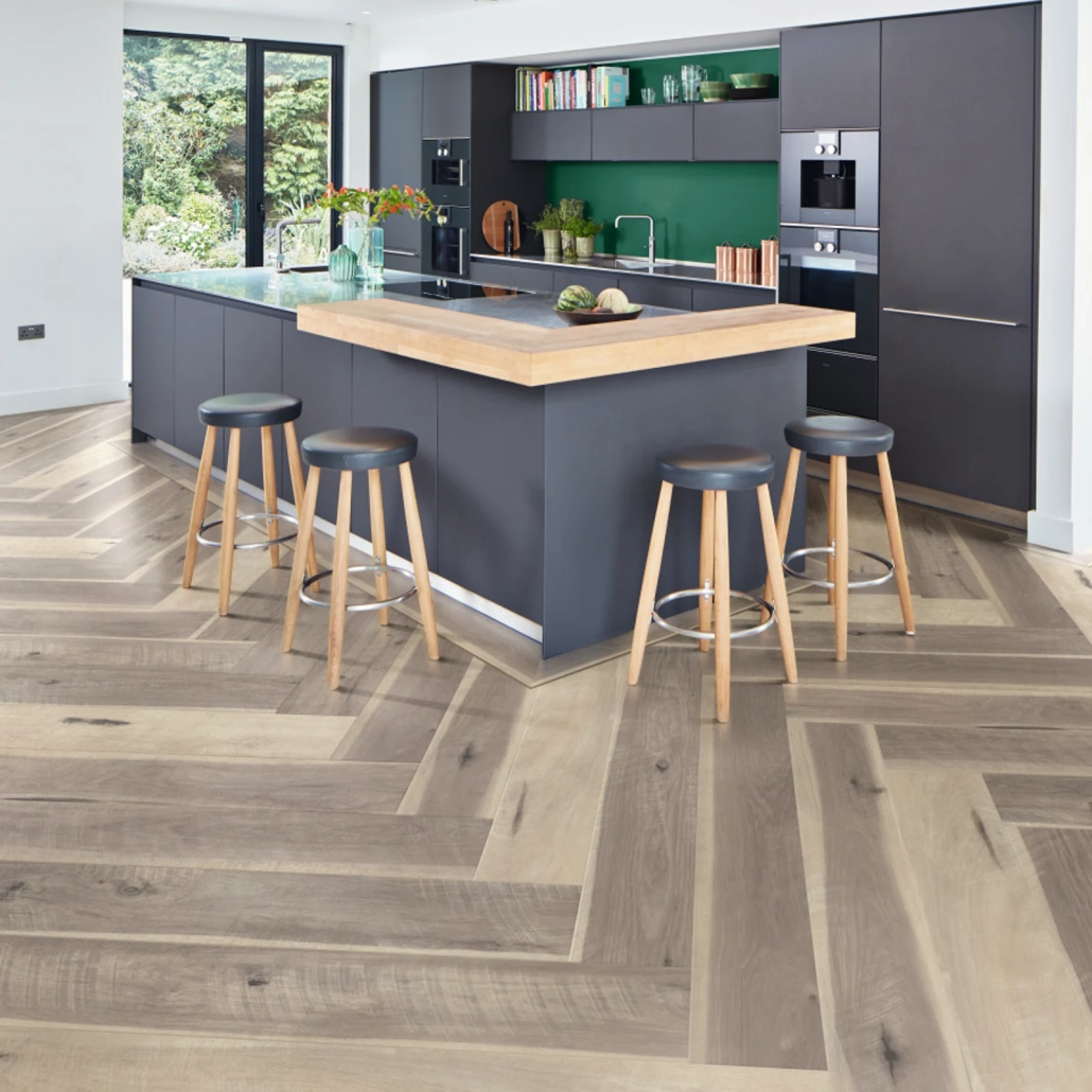 Weather Hickory Wood Kitchen Floor in a Herringbone Pattern