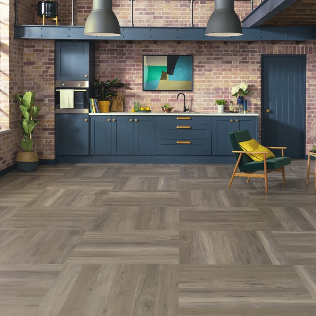 Bleached Grey Walnut Flooring in Open Plan Kitchen